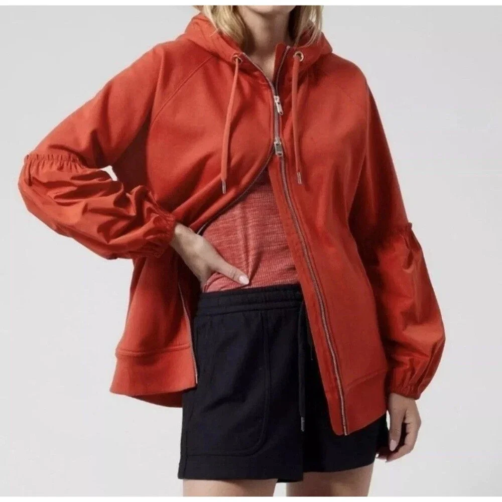 Athleta Women's On My Way‎ Triumph Hoodie Large Red Rust Zip‑Up Balloon Sleeve - Picture 2 of 13